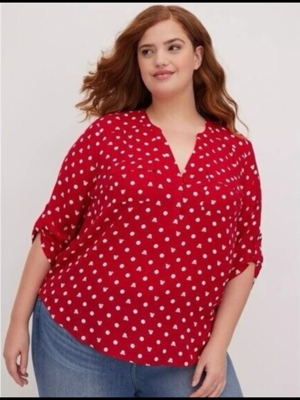 Disney Torrid Red Minnie Mouse Split-Neck Roll-Sleeve Blouse
